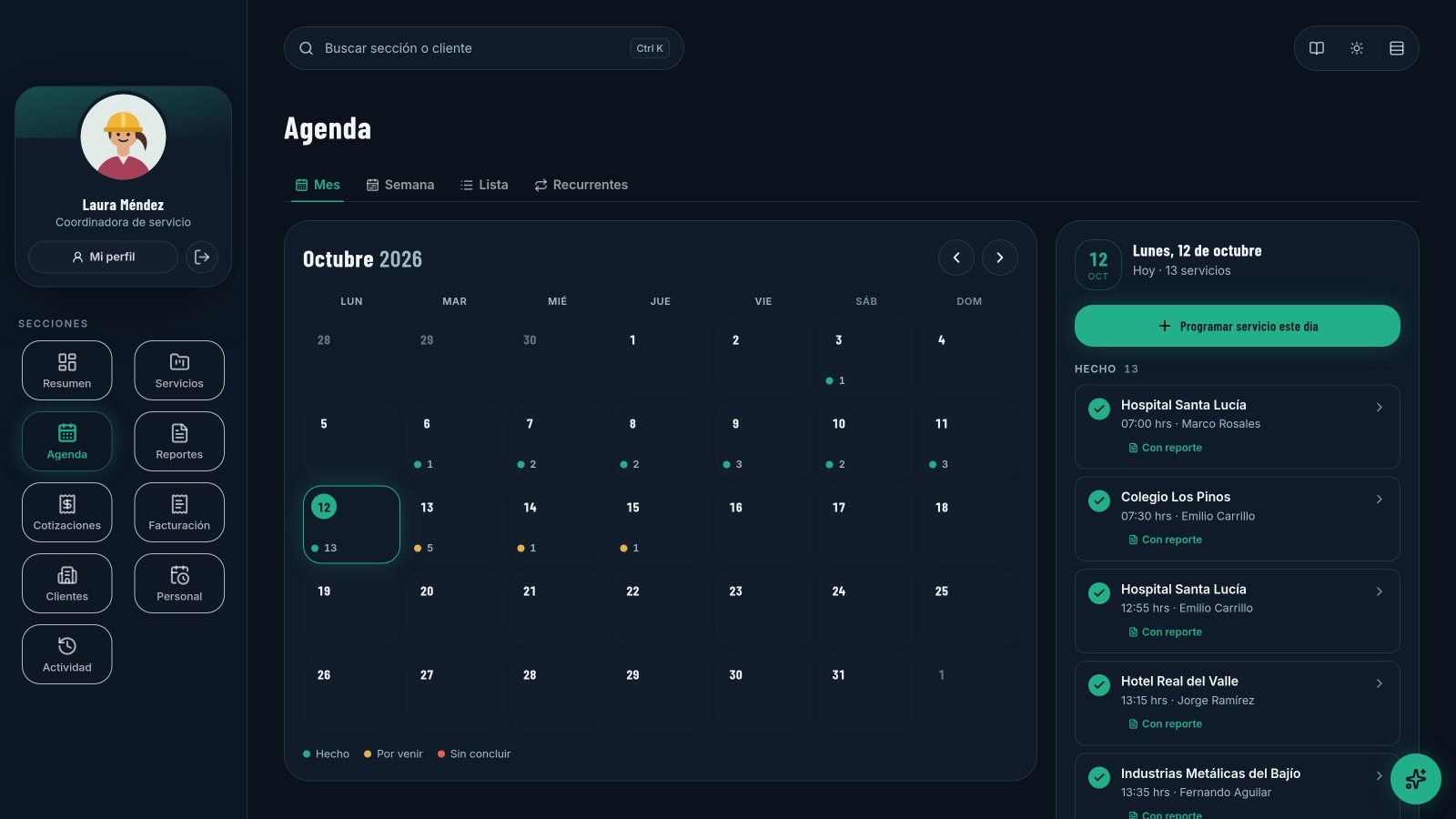 Pantalla de agenda de servicios